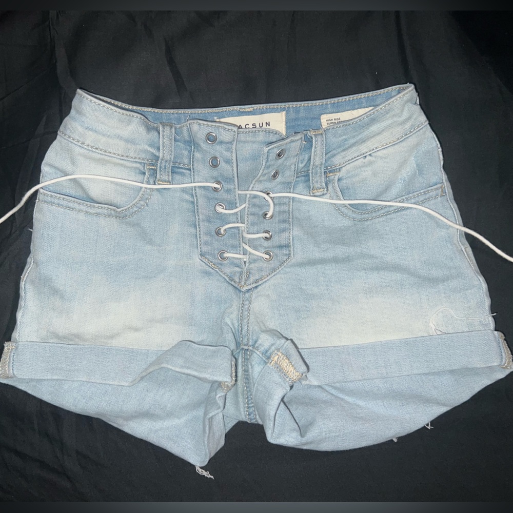 Light blue Pacsun denim high rise super stretch lace up shorties